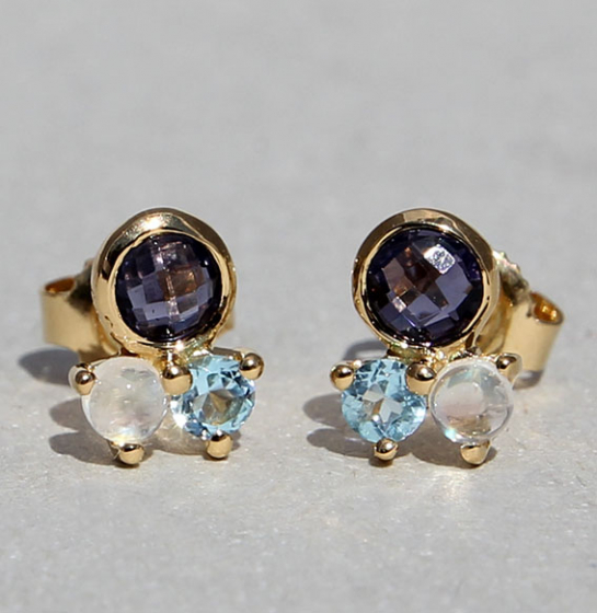 ohr-stecker-silber-925-sterling-vergoldet-iolith-4 mm-mondstein-3 mm-blautopas beh. 3 mm