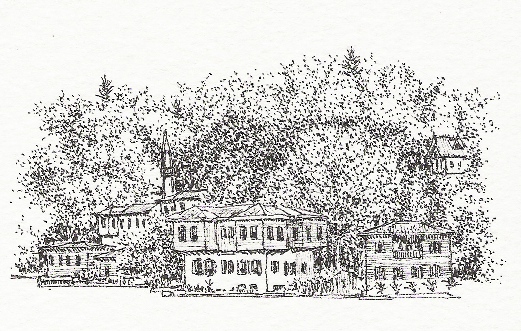 Imaginery view.  Ink pen on paper (15x15 cm), 2008