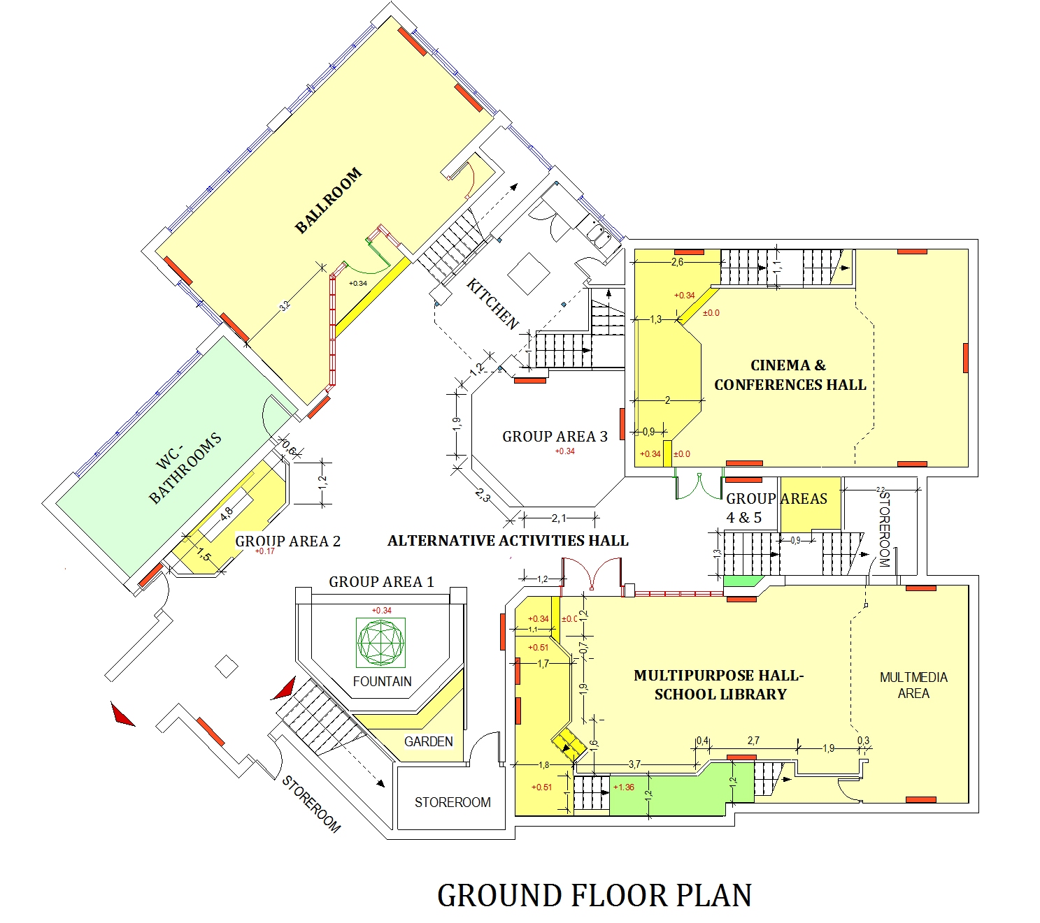 Plan : hall d’activités et restaurant solaire/ bibliothèque scolaire et salle d’art et culture/ salle de danse/ salle de cinéma et de conférences