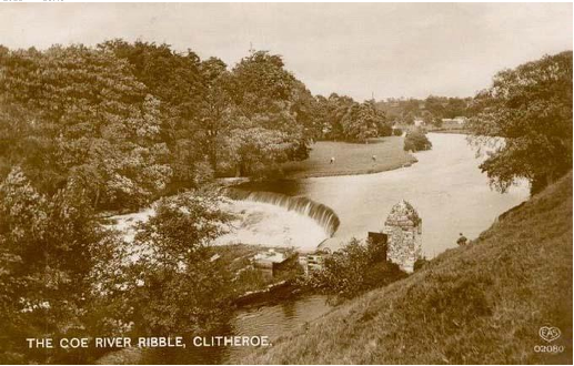 The Coe. Wier entrance to the mill race from the River Ribble. Date unknown.