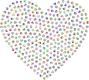 Herzform ausgefüllt mit kleinen Tatzen in Regenbogenfarben