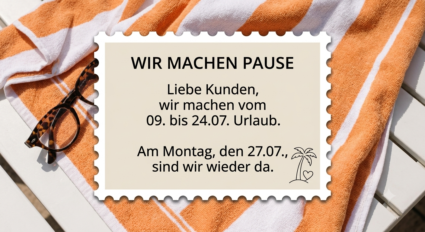 ​🌴 Wir machen Pause! ☀️  ​Liebe Kunden, wir verabschieden uns vom 09. bis 24.07. in den wohlverdienten Sommerurlaub, um die Batterien wieder aufzuladen. 🔋✨  ​Ab Montag, den 27.07., sind wir wieder wie gewohnt und mit frischer Energie für euch da! 🥳  ​Bis dahin wünschen wir euch einen wunderschönen Sommer. Passt auf euch auf! 💛  
