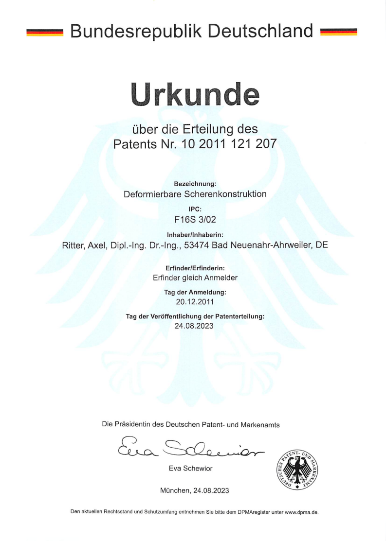 ÜBERREICHUNG DER URKUNDE ÜBER DIE ERTEILUNG DES PATENTS 10 2011 121 207 MIT DER BEZEICHNUNG DEFORMIERBARE SCHERENKONSTRUKTION AN DR. AXEL RITTER AM 04.09.2023