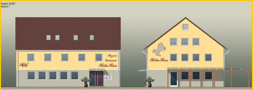 Fassadensanierung und Farbgestaltung einer Gaststätte. Erstellen eines  Farbentwurfes, Austausch der Fenster und Entfernen der Natursteinverblendung.  Die Fassade wurde ganzflächig mit Gewebe armiert und mit wasserabweisendem  Siliconharzputz beschichtet.