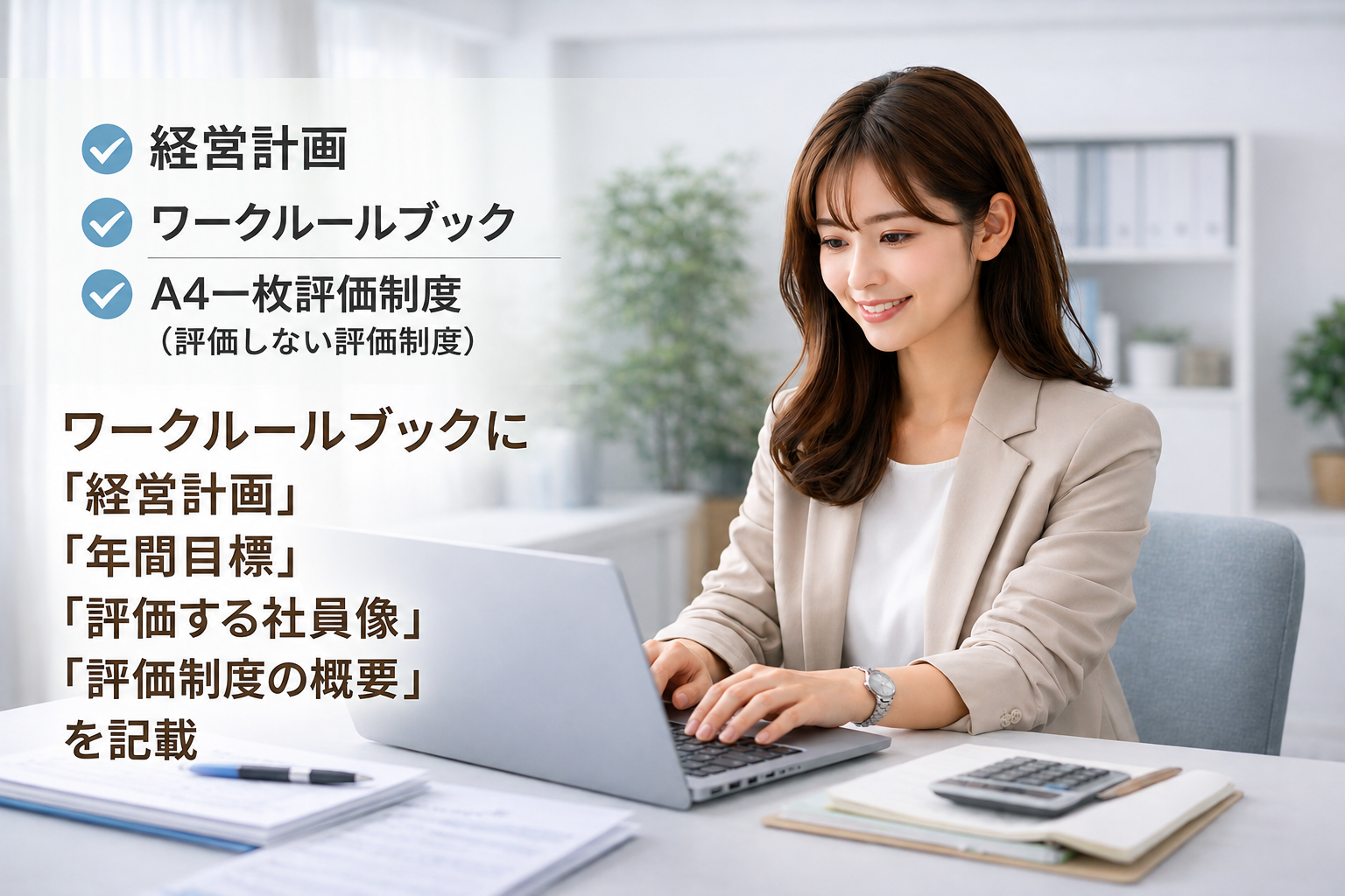 「ワークルールブック」に、「経営計画」、「年間目標」、「評価する社員像」、「評価制度の概要」記載したほうがよいですか