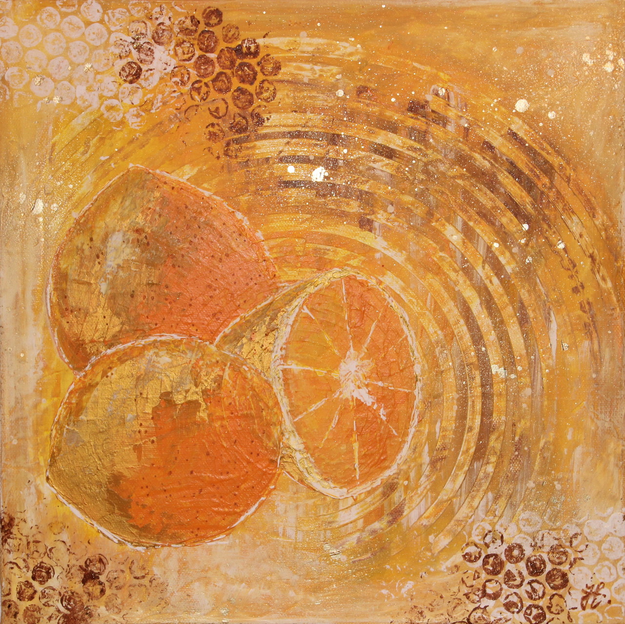 „goldige Apfelsinen“, 30 x 30 cm Acryl, Spachteltechnik mit Goldeffekt auf Leinwand, 2013
