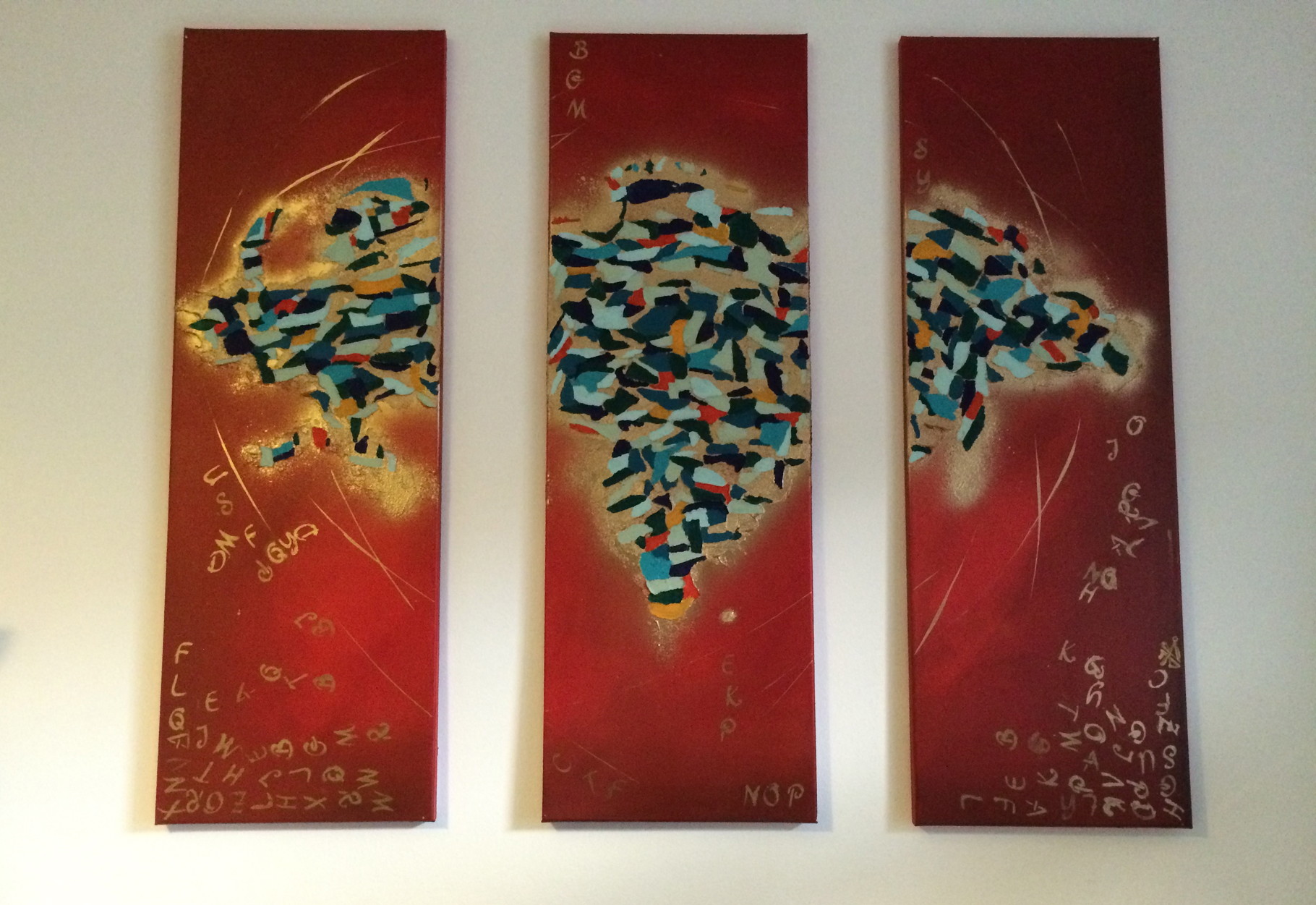 3-Teiler - 3x  90 cm x 30 cm Acryl, Spachtel-/Mischtechnik, mit Goldeffekt auf Leinwand „Color my World“ (Reihe Farbspiele) 2015