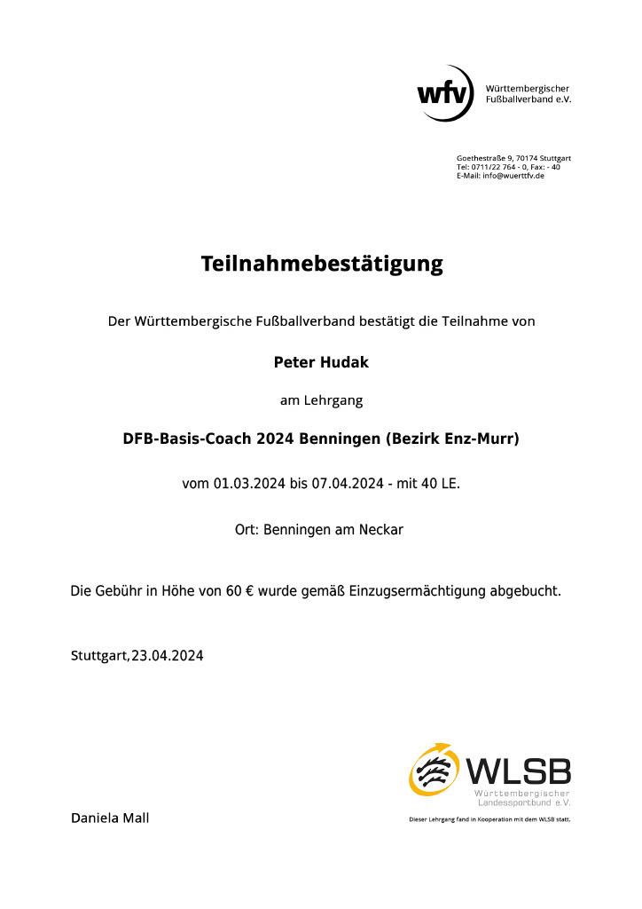 DFB-Basis-Coach 2024 - Teilnahmebescheinigung