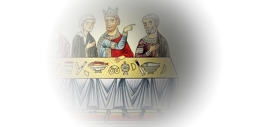 La miniature "Le festin d'Esther" nous prouve que l'on mangeait déjà des bretzels au XIIe siècle en Alsace, Hortus Deliciarum (1159-1175)