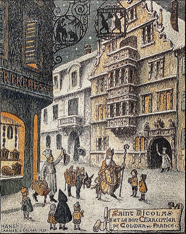 Carte postale publicitaire pour la boucherie Fincker Frères " Saint Nicolas et le bon charcutier de Colmar en France " - Hansi, Jean-Jacques Waltz, 1939
