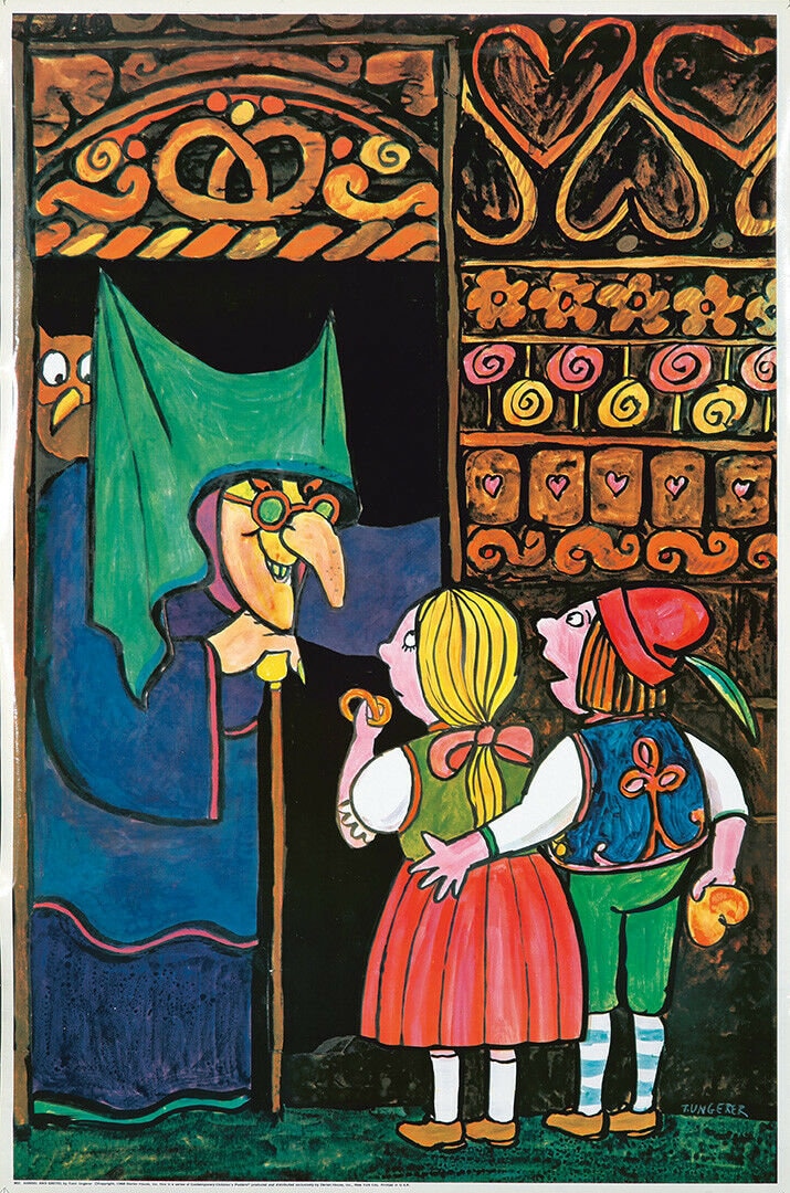 Hansel et Gretel par Tomi Ungerer, 1969, "Le Bretzel ce symbole alsacien, ce noeud qui ne noue rien, ce noeud boulanger, ni gordien, ni gardien, ce noeud neutre qui vous amuse avec dans son inutilité un je "noeud" sais quoi de futile..."