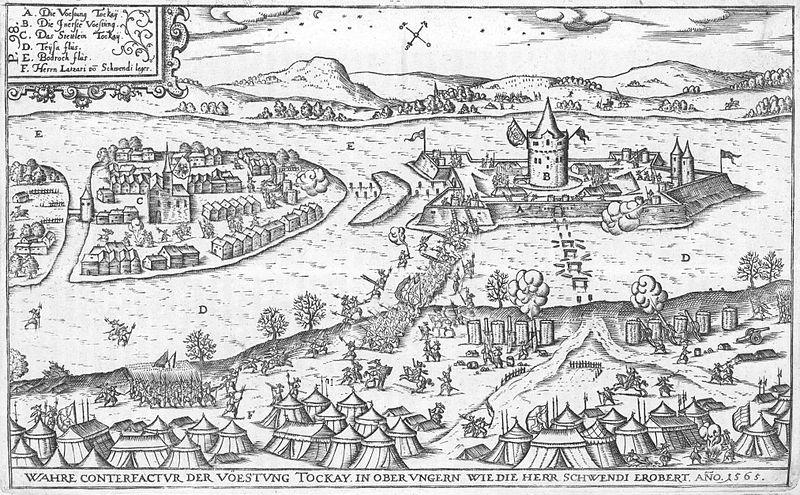 Le siège de la ville de Tokaj conquise par Lazare de Schwendi en 1565, Gravure de Abraham Ortelius
