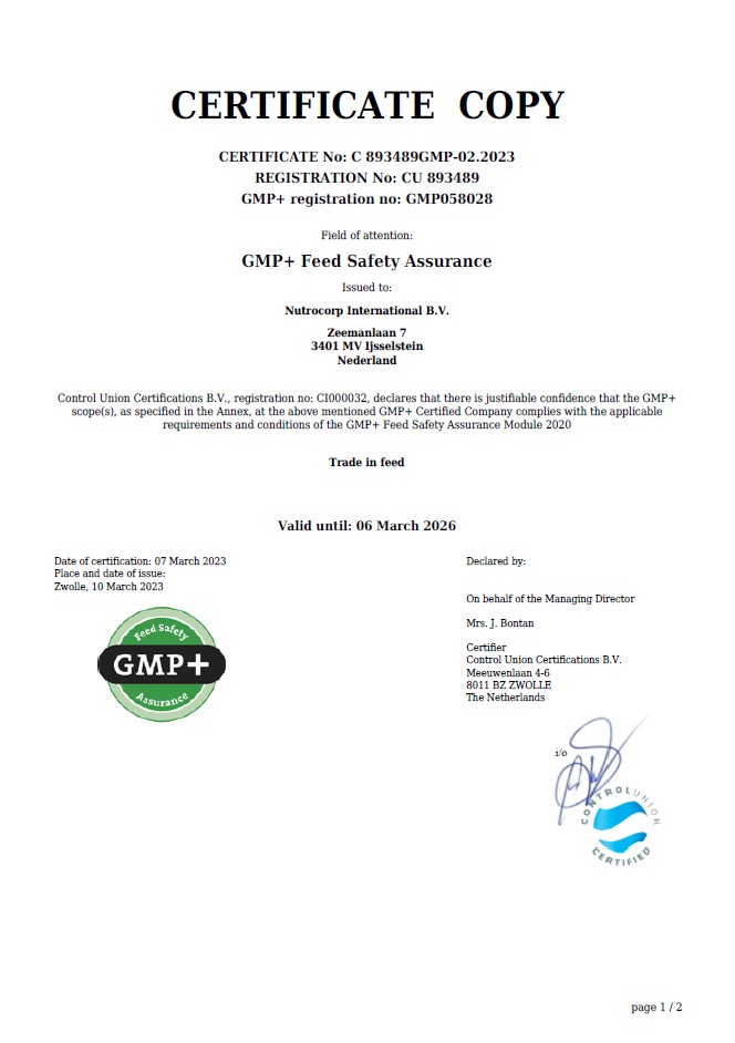 GMP+ FSA Certificate NutroCorp International, valid until 06 March 2026 - page 1