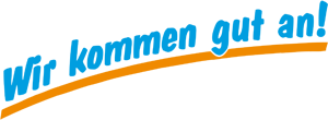 Blaue Schrift, orangene Unterstreichung: Das Motto der Spedition heißt „Wir kommen gut an!“