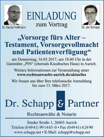 Einladung zum Vortrag fürs Alter von Schnapp & Partner Rechtsanwälte & Notar in Aurich