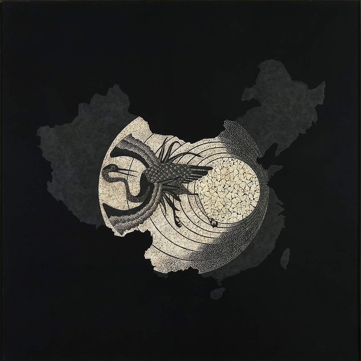 La longévité  - Laque avec incrustation de coquilles d'œufs, finition vernis - Dimension : 100 x 100 cm
