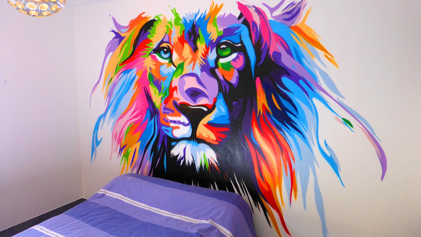 graffiti mural lion colorful street art