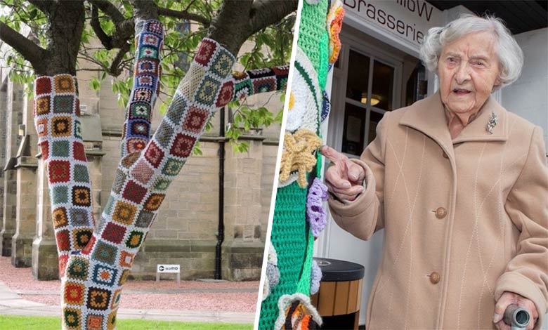 grace brett yarn bombing showing her work