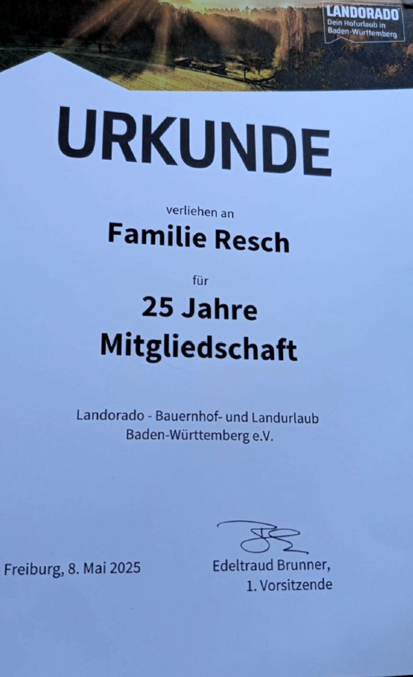 Urkunde Landorado Mitgliedschaft seit 25 Jahren