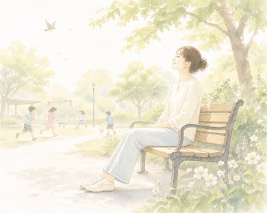 指や手のこわばりが和らぎ、ほっとした表情で公園のベンチに腰掛けている女性の水彩風イラスト