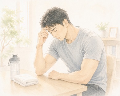 からだがだるくて頭が重そうな男性の水彩風イラスト