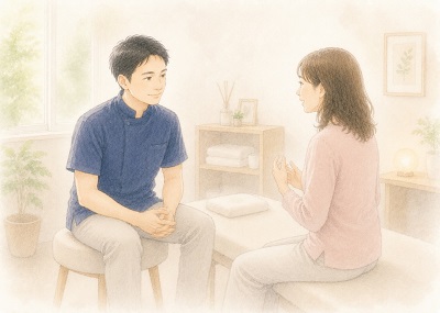 不安や疑問点などを伝える女性とやさしく丁寧に答えている整体師の水彩風イラスト