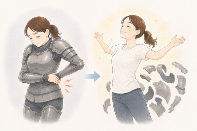 整体の施術で脳の誤解が解け、体にまとっていたガチガチの緊張の鎧がバラバラに脱ぎ捨てられて軽くなる女性のイメージイラスト