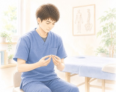 施術に必要な手指の感覚を研ぎすませている整体師の水彩風イラスト