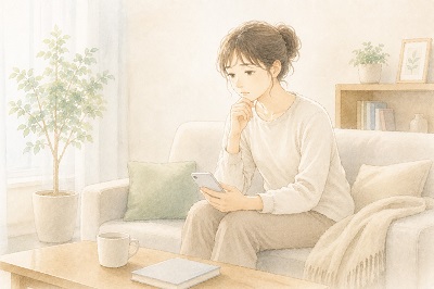 「初めての整体院選びで失敗したくない」と、不安や迷いを抱えながらスマホを見つめる女性のイラスト