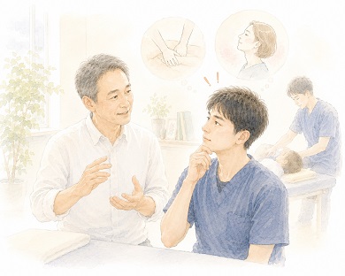 講師の話を素直に聞いている中でなにかに気づいた様子の整体師の水彩風イラスト