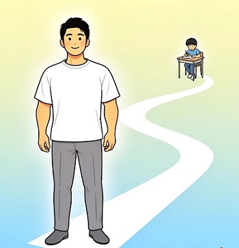   学生時代の学びから1本の道が現在の足元へと繋がっている、シンプルで爽やかな男性整体師のイラスト。プロとしての技術の土台と歩みを表現