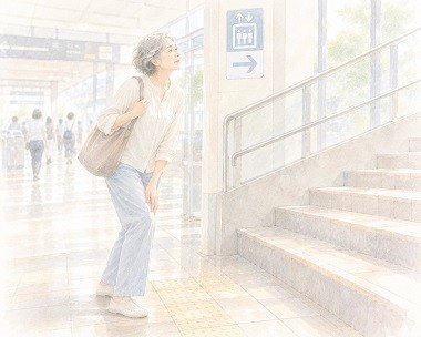 駅の階段を前に気になる膝に自然に手をあててしまっているシニア女性の水彩風イラスト