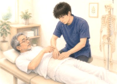 施術ベッドに横になる講師のお腹に手のひらで優しく触れながら技術指導を受けている水彩画風イメージイラスト」