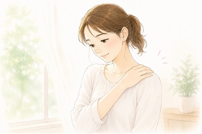 整体の施術後に自分の肩や体の感覚にじっくりと意識を向け、小さな違和感や変化を静かに感じ取る女性のイメージイラスト