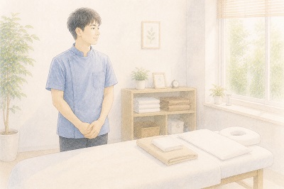 明るく清潔な施術室で、笑顔でお客様を迎える優しい雰囲気の整体師のイラスト