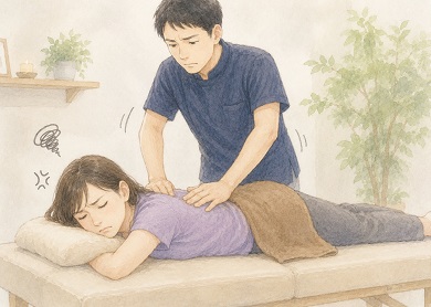 合わないうつ伏せの肩こり施術でお客さまが不満に感じている様子のイラスト