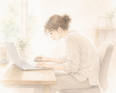 頭が前にでる座り方でストレートネックをわかりやすく表現している女性の水彩風イラスト