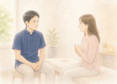 お客さまが不安のないように誠実にお話をしている整体師の水彩風イラスト