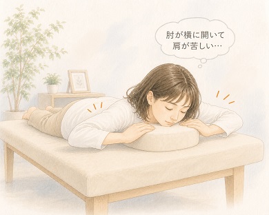 腕を下ろせる場所がない平台ベッドに肘を横に広げて肩が苦しい様子でうつ伏せになる女性イラスト