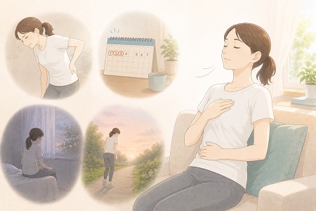 ぎっくり腰発症し２，３日を過ぎてだんだんと痛みが和らいでいくと想像しておちついてる女性のイラスト
