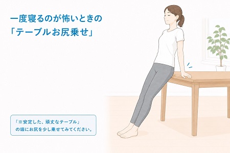ぎっくり腰などで一度寝ると起き上がるのが怖いときの対処法を解説したイラスト。安定した頑丈なテーブルの端にお尻を少し乗せて、腰の負担を減らしながら立ったまま休む女性のポーズ