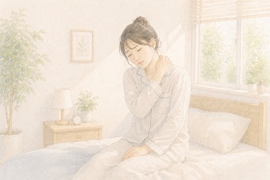 バンザイ寝がつづくことで朝起きたときに首肩こりが気になっている女性の水彩風イラスト