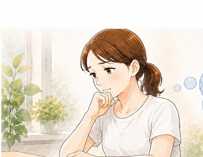 部屋の中で、顎に手を当てて少し不安そうな表情で考えごとをしている、白いTシャツを着た女性の優しい水彩画風イラスト