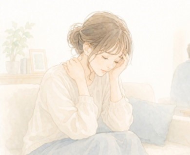よその整体院での理不尽な対応にショックを受け、悲しそうに頬杖をついて落ち込む女性のイラスト