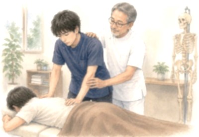 簡単そうに見えて真似できない地味な施術を目指し、ベッドサイドでミリ単位の技術指導を受けている施術者の様子を描いたイメージ水彩画風イラスト