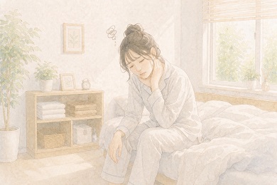 朝起きたときから疲れてる女性がベッドに腰掛けている水彩風イラスト