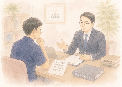池袋で働く整体師が独立開業前に受けていた理不尽なことを社会保険労務士などの専門家に相談をしているイメージイラスト