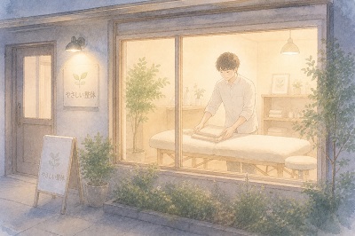 冬の夕暮れ時、温かいオレンジ色の照明が灯る整体院の窓辺で、ベッドのタオルを丁寧に整える整体師の水彩風イラスト