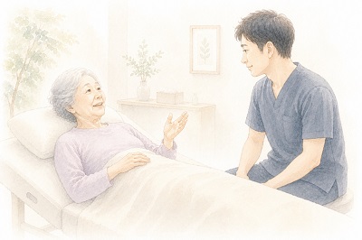退屈のありがたさについておしゃべりするシニア女性と話を聞いている整体師の水彩風イラスト