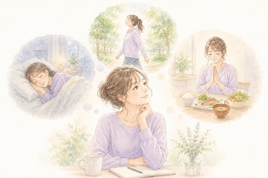 健康の基本である運動や食事、睡眠を整えるイメージをしている女性の水彩風イラスト